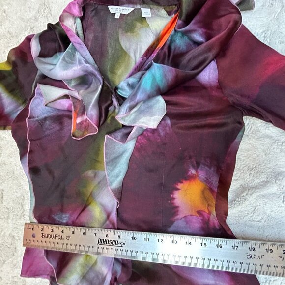 Audrey Talbott Carmel Silk Ruffle Blouse Top Size 6 Burgundy Abstract Print Boho - Picture 8 of 9